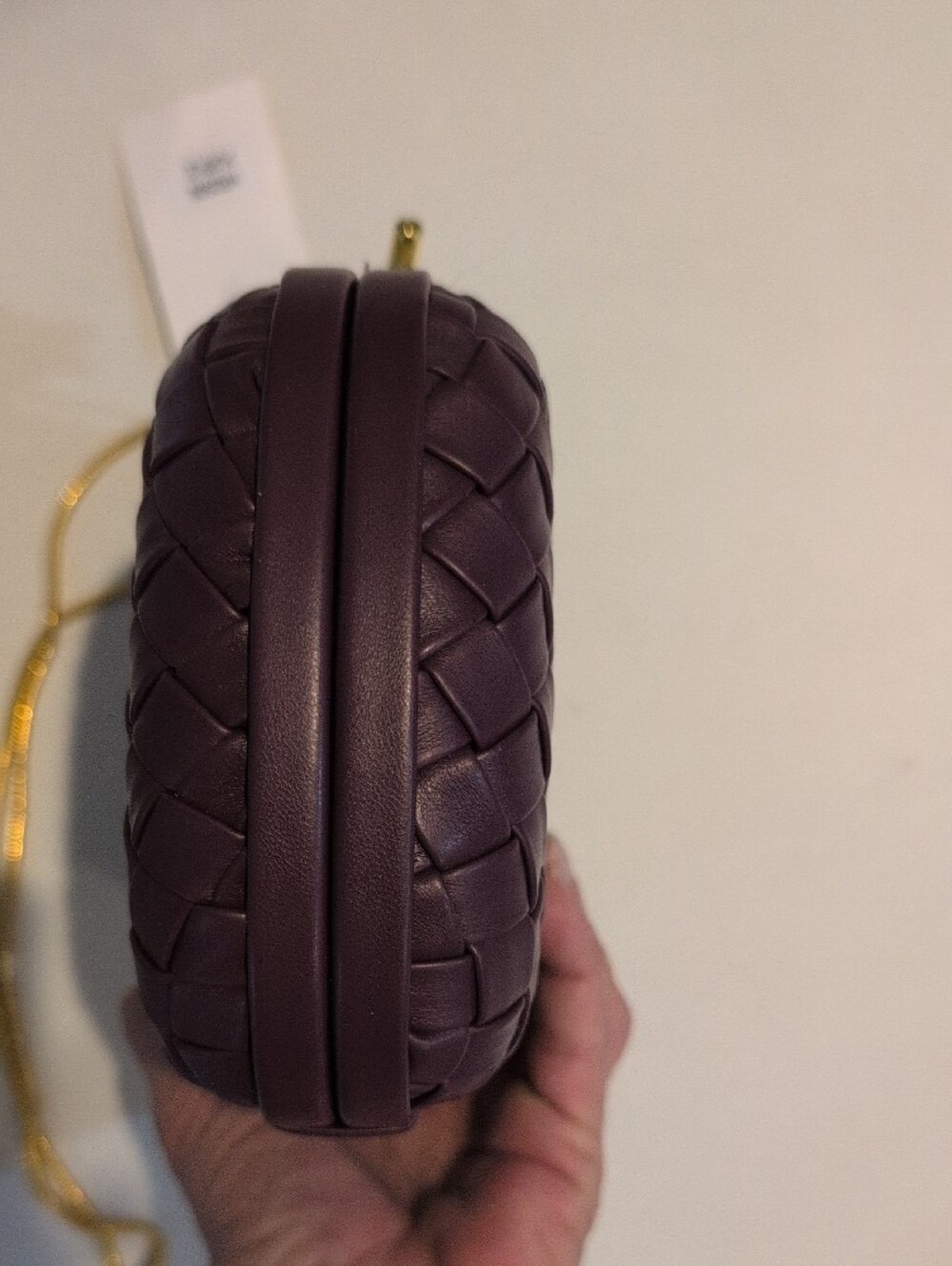 Woven Leather Purple Crossbody Clutch with Gold Chain - Picture 8 of 16